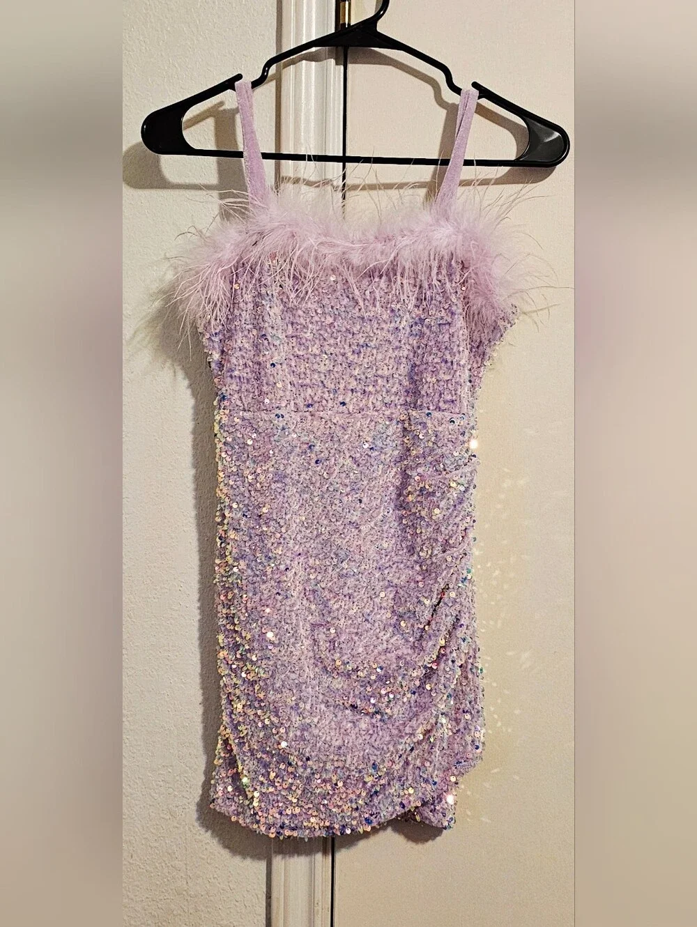 Lilac Sequin Feather Mini Dress